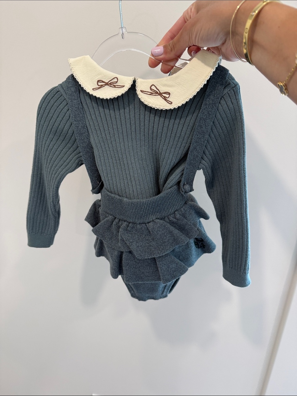 Ribbed Knit Baby Romper with Peter Pan Collar - Slate Blue & Cream